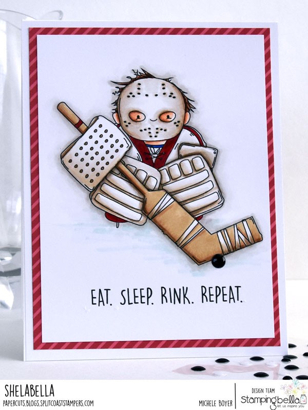 www.stampingbella.com: rubber stamp: GOALIE SQUIDGY, card by Michele Boyer