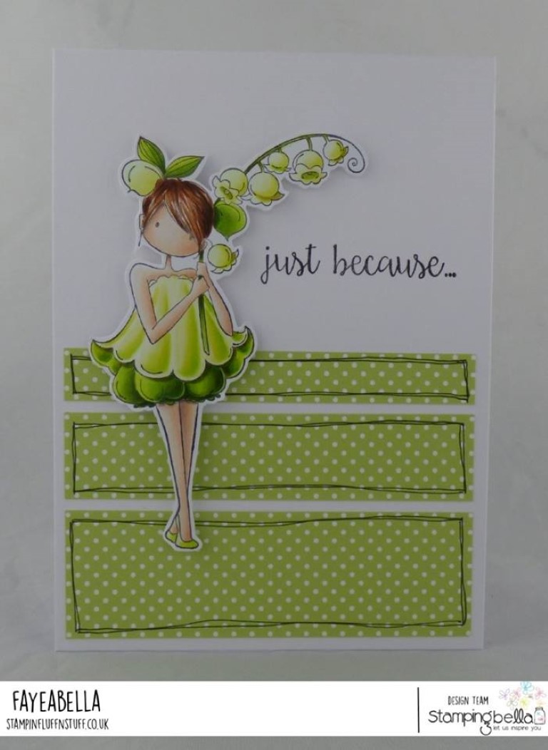 www.stampingbella.com: rubber stamp used: UPTOWN GARDEN GIRL LILY OF THE VALLEY card by FAYE WYNN JONES