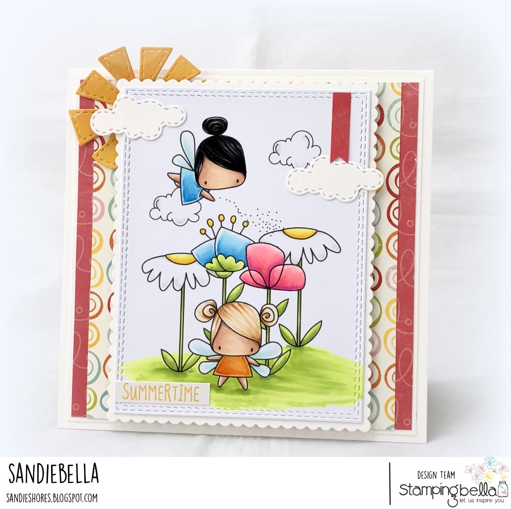 www.stampingbella.com: rubber stamp: LITTLE BITS FLORAL SET, LITTLE BITS FAIRY SET, EDNA BLOWS A KISS. CARD BY SANDIE DUNNE