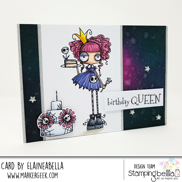 www.stampingbella.com: Rubber stamp: ODDBALL Birthday Queen, card by Elaine Hughes