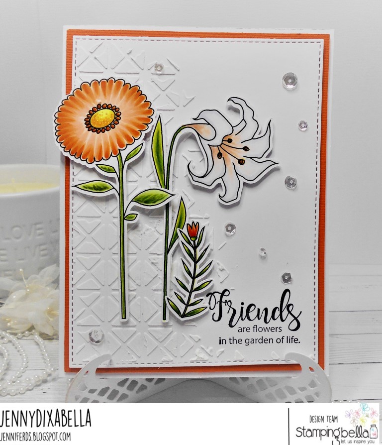 www.stampingbella.com: rubber stamp: SIDE TO SIDE FLORAL SET , tiny townie garden girl FLOWER SENTIMENTS set. Card by Jenny Dix