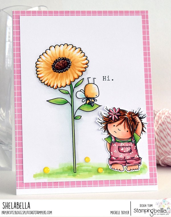 www.stampingbella.com: rubber stamp: SIDE TO SIDE FLORAL SET, SQUIDGY PALS, LITTLE BITS LITTLE CRITTERS. CARD BY MICHELE BOYER