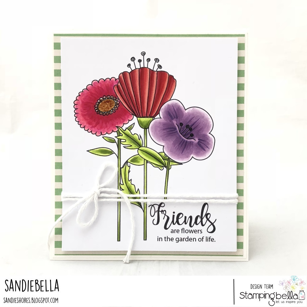 www.stampingbella.com, RUBBER STAMP: STRAIGHT UP FLORAL SET and TULIP FLORAL SET and SENTIMENT FROM TINY TOWNIE GARDEN GIRL FLOWER SENTIMENT SET.. card by SANDIE DUNNE