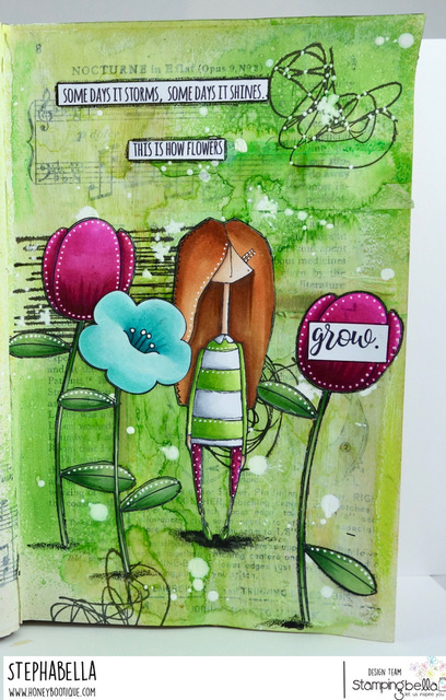 www.stampingbella.com, RUBBER STAMP: TULIP FLORAL SET and MOSTLY NAOMI. ART journal page by STEPHANIE HILL