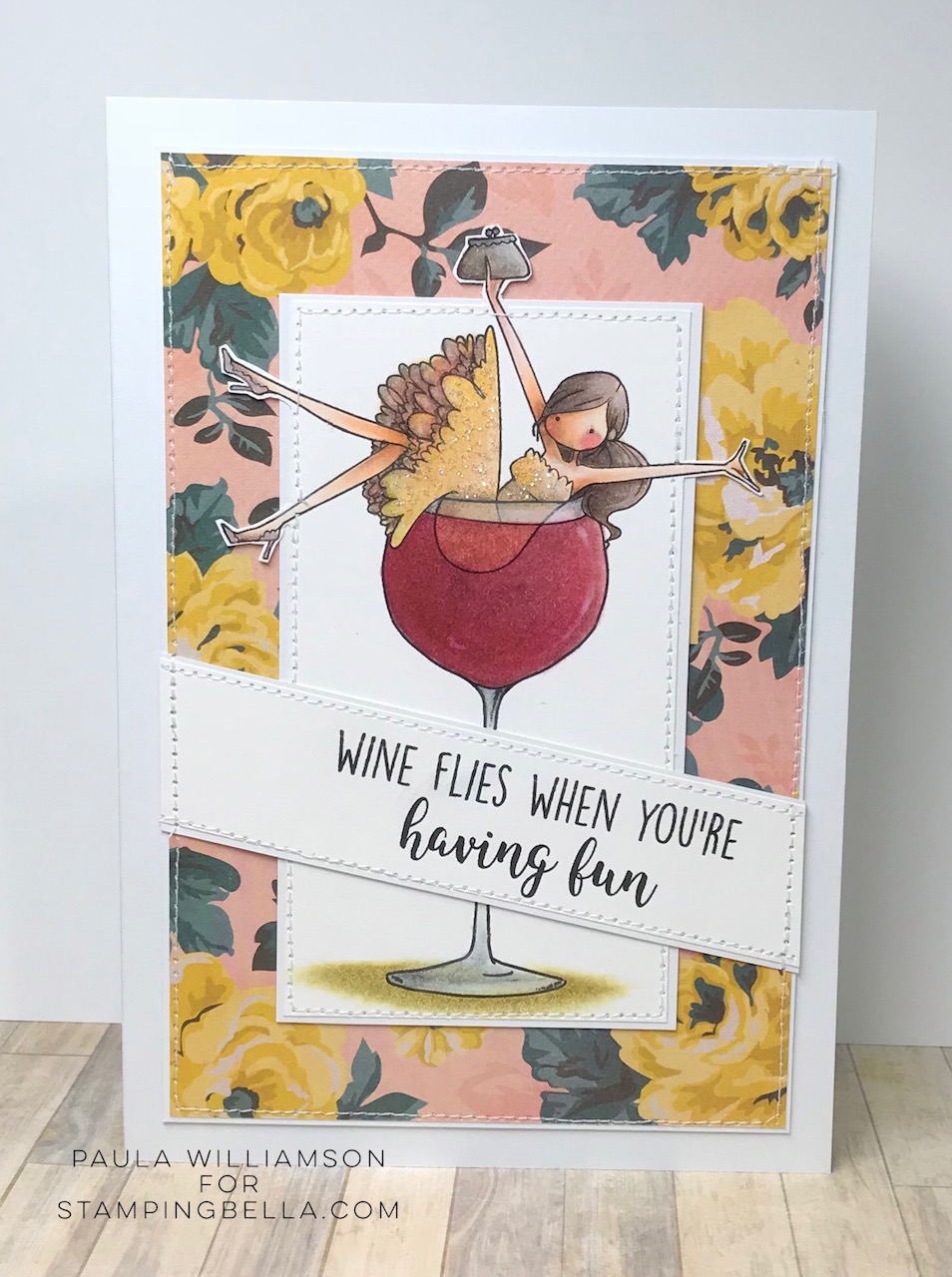 www.stampingbella.com: Rubber stamp UPTOWN GIRL WILMA LOVES WINE. Card by Paula Williamson