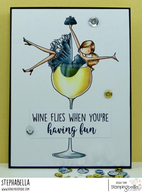 www.stampingbella.com: Rubber stamp UPTOWN GIRL WILMA LOVES WINE. Card by Stephanie Hill