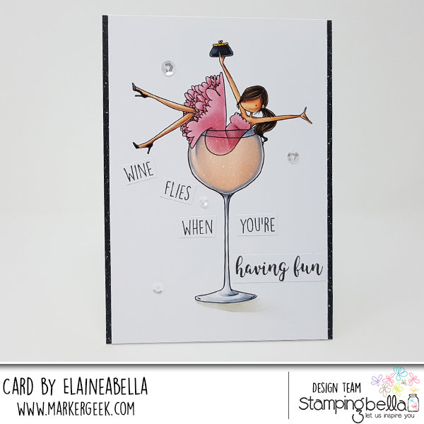 www.stampingbella.com: Rubber stamp UPTOWN GIRL WILMA LOVES WINE. Card by Elaine Hughes