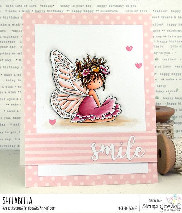 www.stampingbella.com: rubber stamp used:  TINY TOWNIE BUTTERFLY GIRL BESS. CUT IT OUT DIE USED:  SMILE  Card by Michele Boiyer