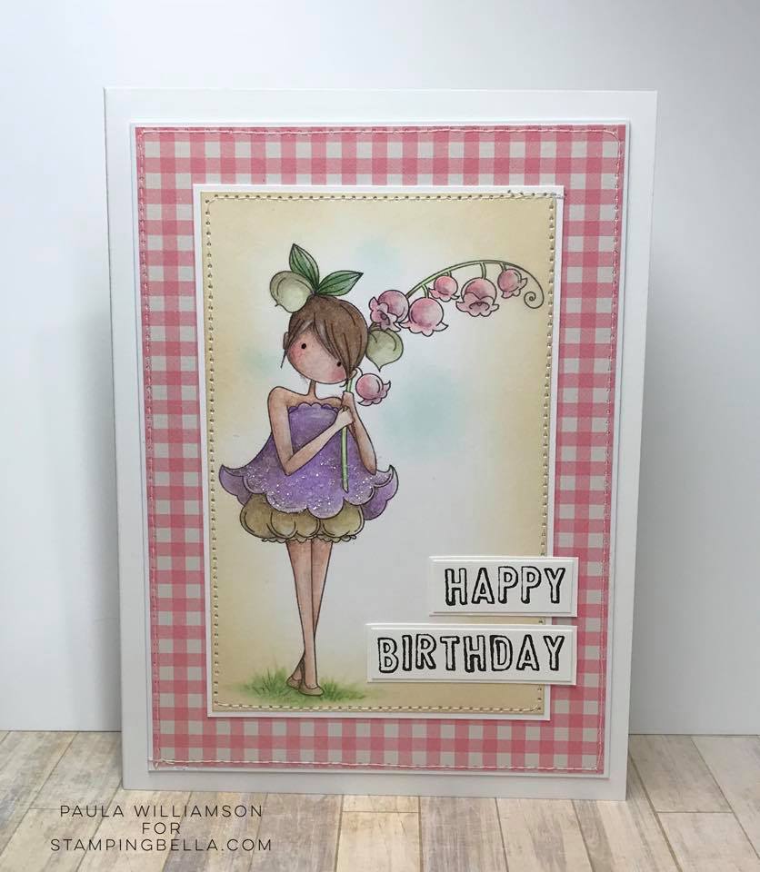 www.stampingbella.com: rubber stamp used:  TINY TOWNIE GARDEN GIRL LILY OF THE VALLEY.   Card by Paula Williamson
