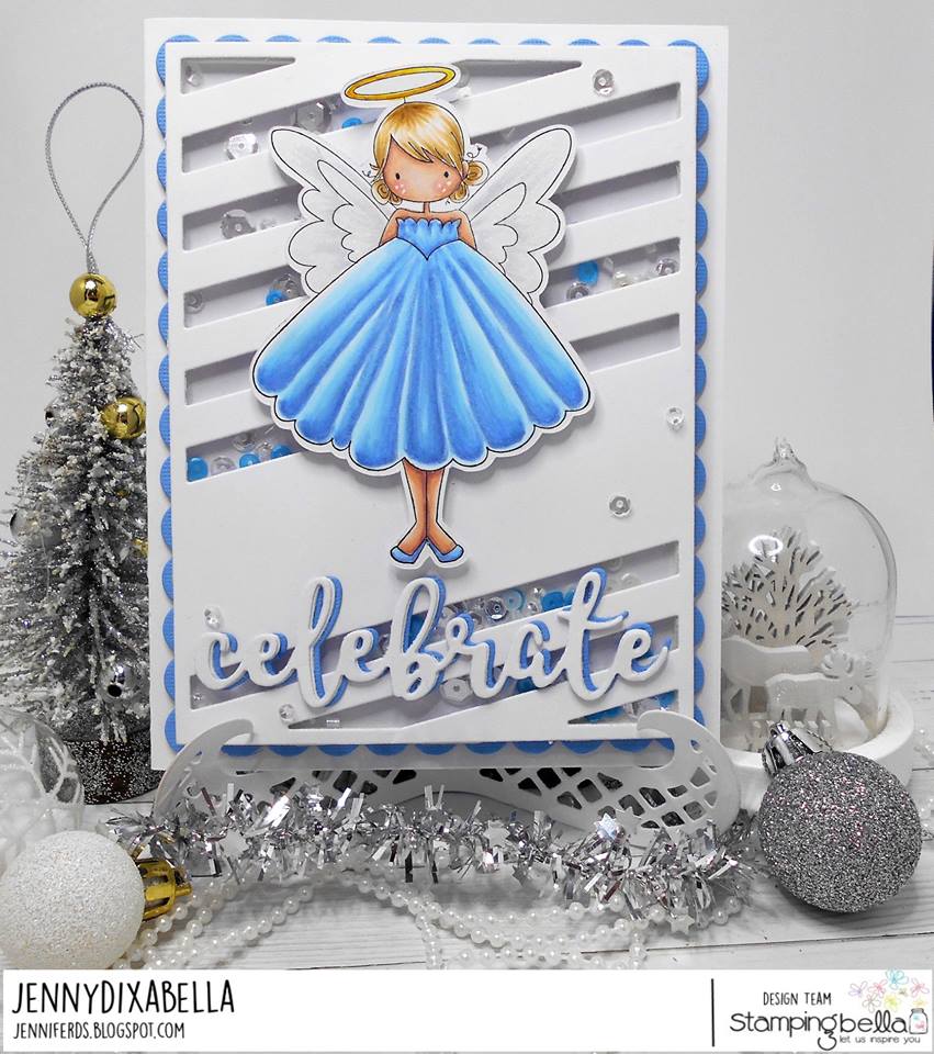 www.stampingbella.com: RUBBER STAMP: TINY TOWNIE ANNIE the ANGEL , CELEBRATE CUT IT OUT DIE, card by JENNY DIX