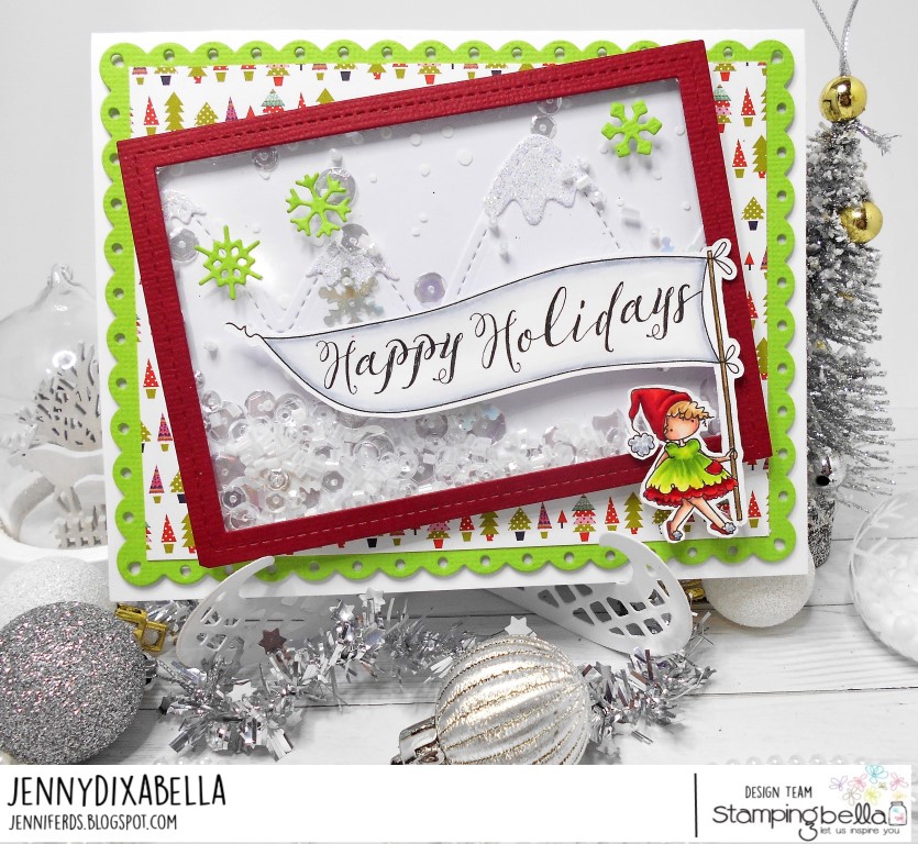 www.stampingbella.com: rubber stamp used: HAPPY HOLIDAYS TEENY TINY TOWNIE, card by JENNY DIX