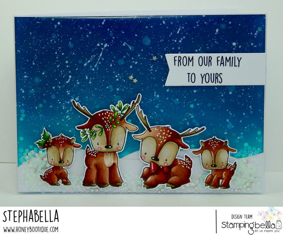 www.stampingbella.com: rubber stamp used: REINDEER FAMILY. Card by Stephanie Hill