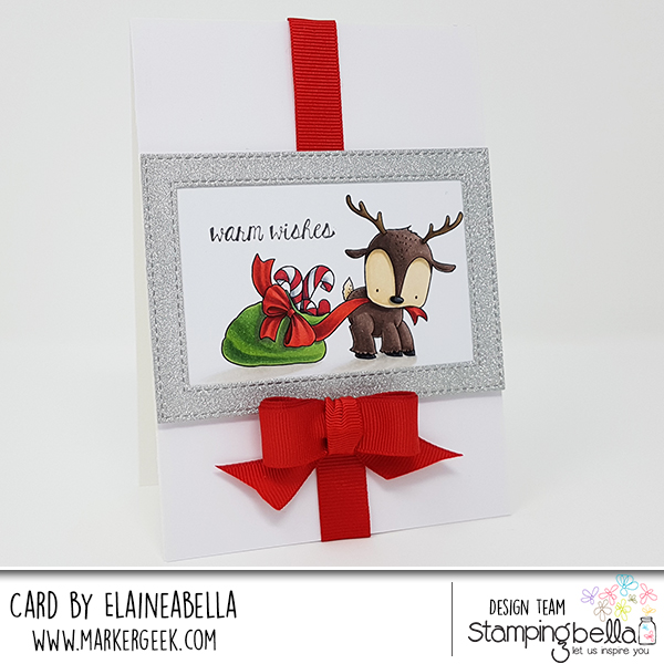 www.stampingbella.com: rubber stamp used REINDEER WITH A GIFT. Card by Elaine Hughes