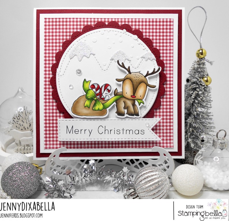 www.stampingbella.com: rubber stamp used: REINDEER WITH A GIFT. Card by JENNY DIX