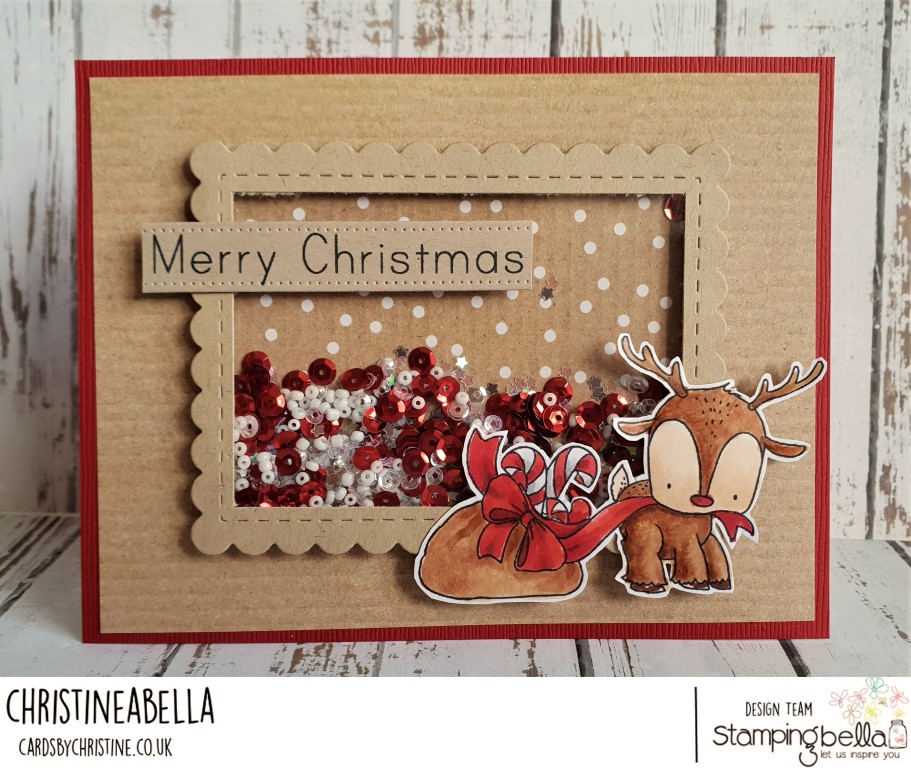 www.stampingbella.com: rubber stamp used: REINDEER WITH A GIFT Card by Christine LEVISON
