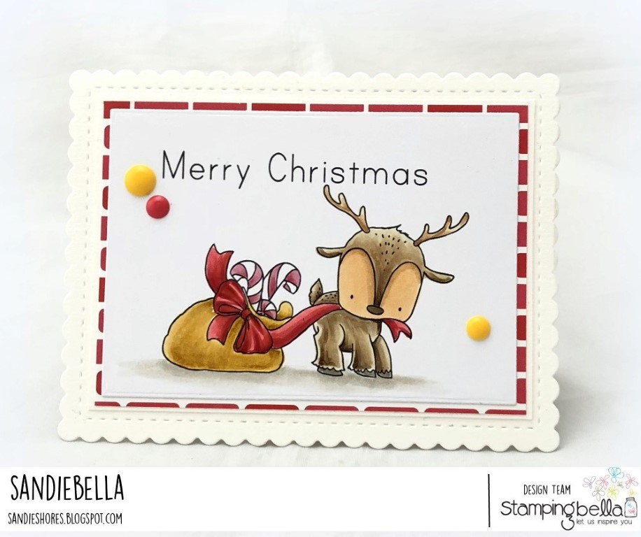 www.stampingbella.com: rubber stamp used: REINDEER WITH A GIFT. Card by Sandie Dunne
