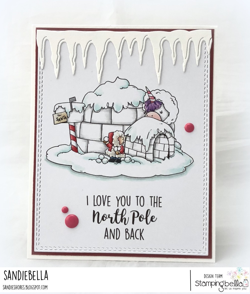 www.stampingbella.com: rubber stamp used: ROSIE AND BERNIE IN the NORTH POLE. Card by Sandie Dunne