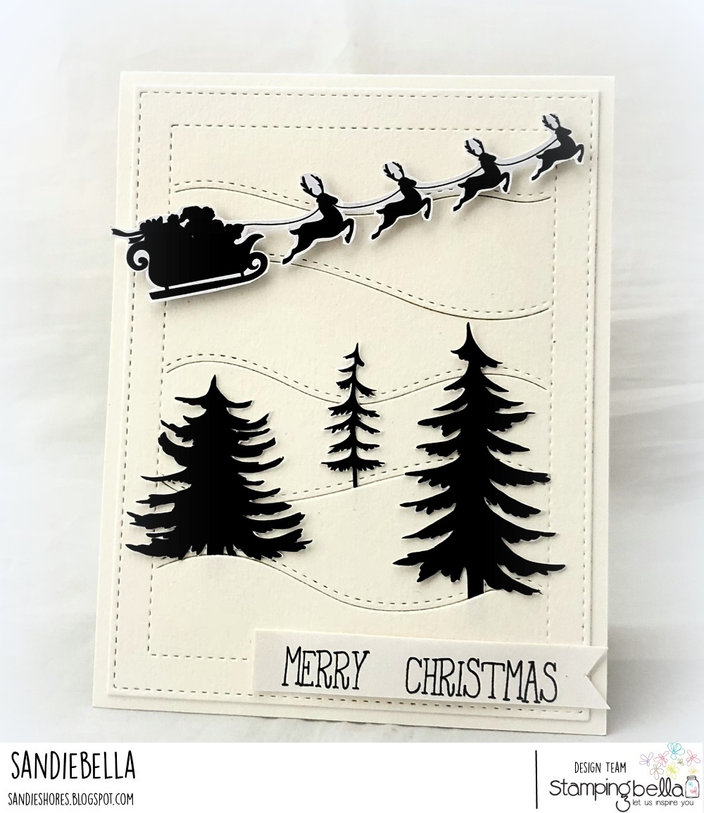 www.stampingbella.com: RUBBER STAMPS: SANTA"S SLEIGH SILHOUETTE, CHRISTMAS TREE SILHOUETTES. Card by SANDIE DUNNE