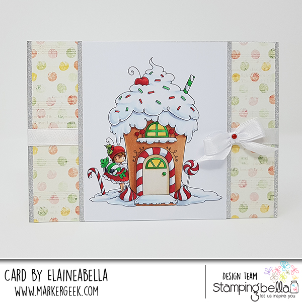 www.stampingbella.com: rubber stamp used: TEENY TINY TOWNIE GINGERBREAD HOUSE, card by ELAINE HUGHES