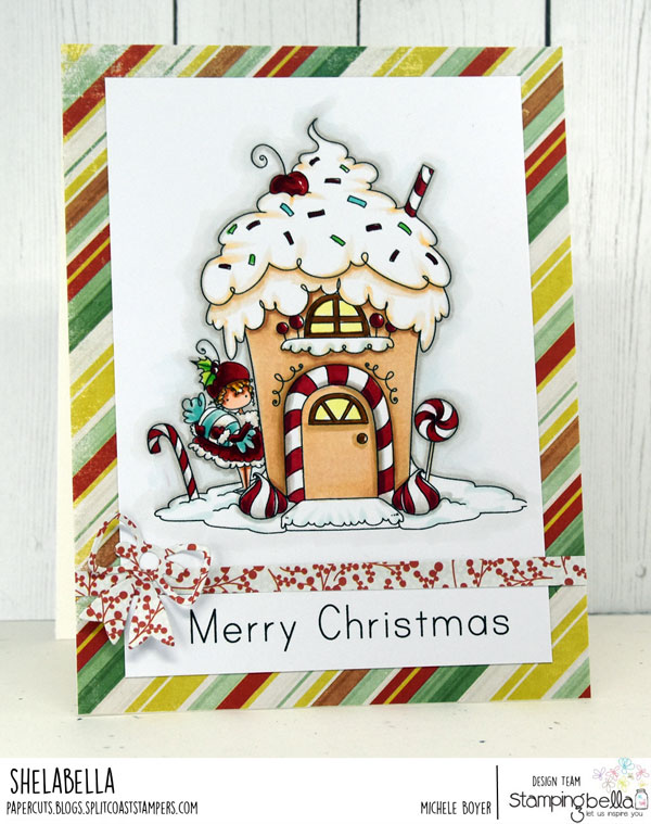 www.stampingbella.com: rubber stamp used: TEENY TINY TOWNIE GINGERBREAD HOUSE, card by MICHELE BOYER