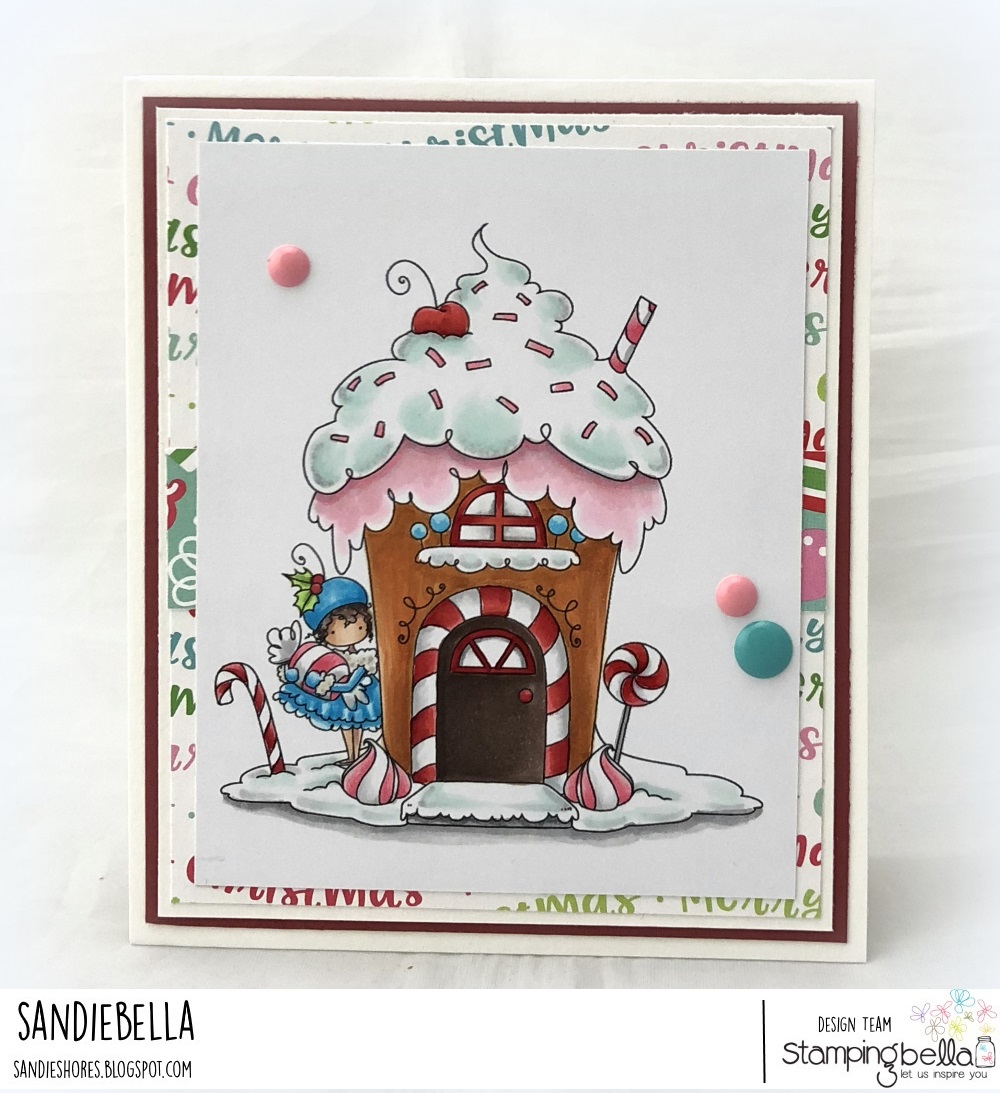 www.stampingbella.com: rubber stamp used: TEENY TINY TOWNIE GINGERBREAD HOUSE, card by Sandie Dunne
