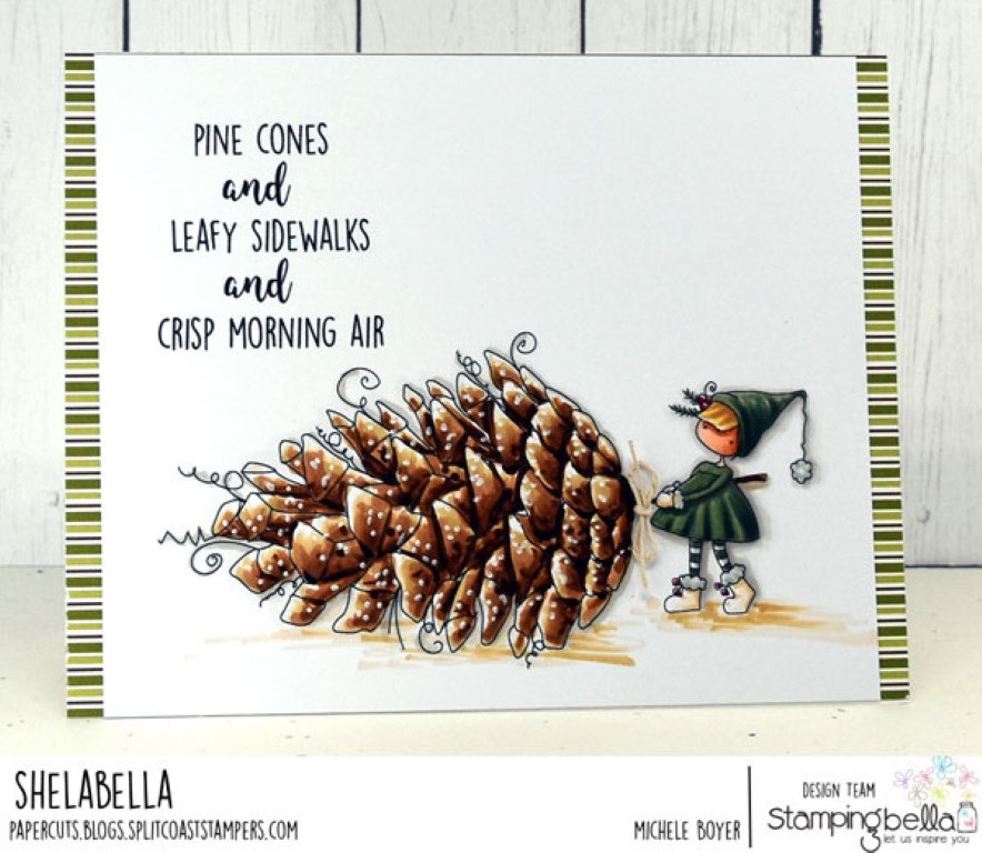 www.stampingbella.com: rubber stamp used TEENY TINY TOWNIE WITH A PINECONE, card by Michele Boyer
