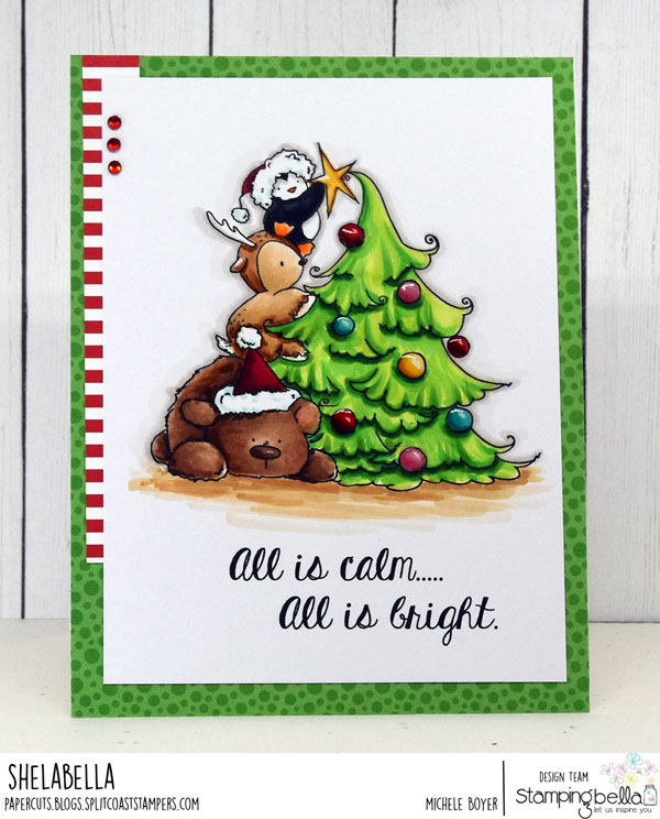 www.stampingbella.com: rubber stamp used: The penguin on a reindeer on a polar bear. Card by MICHELE BOYER