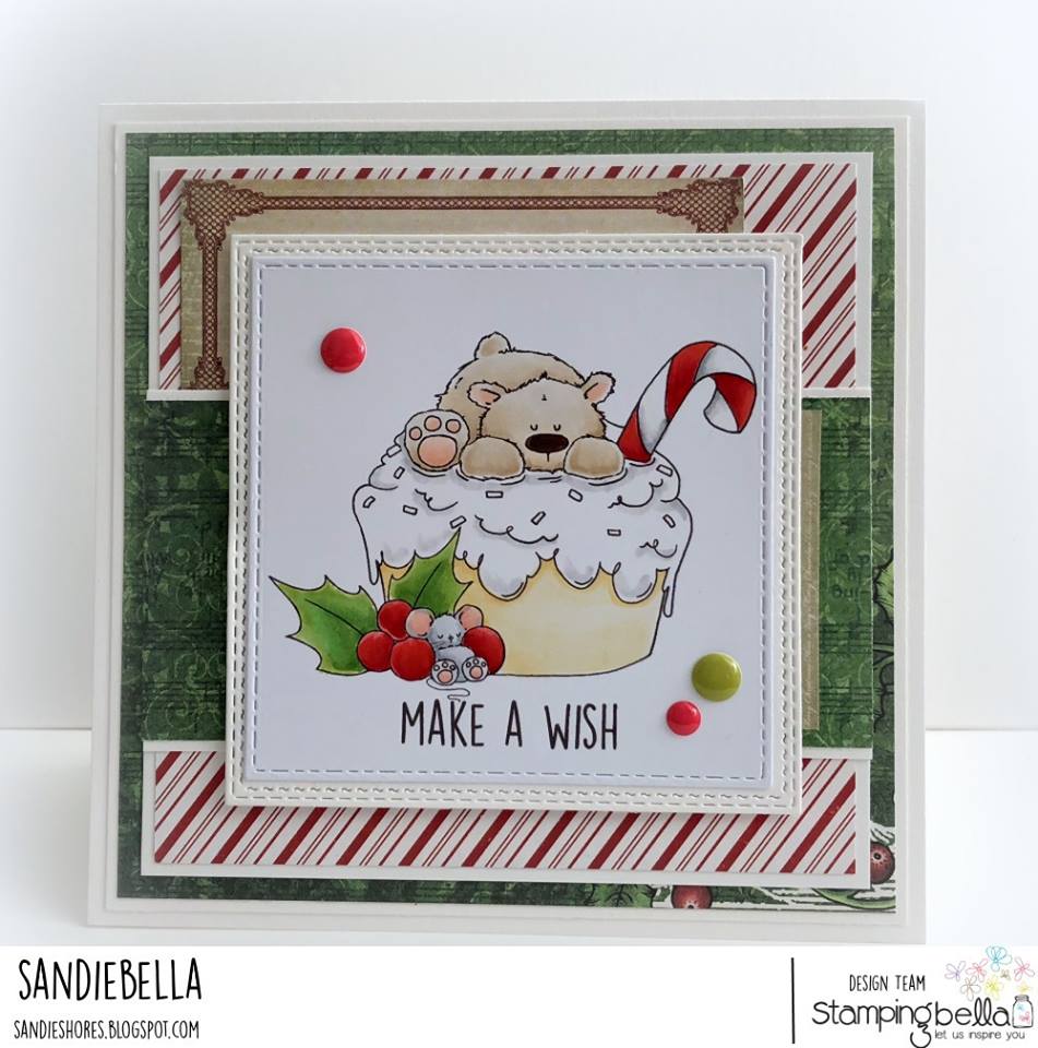 www.stampingbella.com:  rubber stamp used: POLAR BEAR on a CUPCAKE card by Sandie Dunne