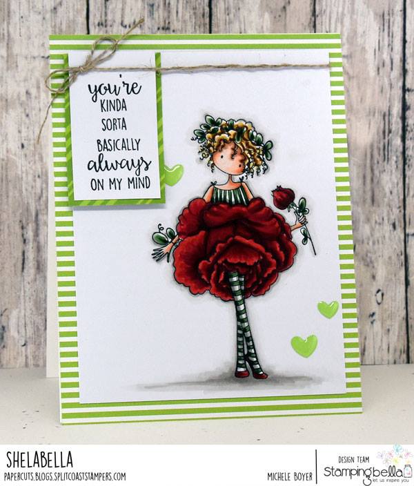 www.stampingbella.com: rubber stamp used TINY TOWNIE GARDEN GIRL ROSE . Card by Michele Boyer