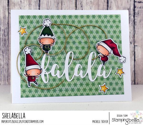 www.stampingbella.com: rubber stamp used:LITTLE BITS SET OF ELVES and FALALA CUT IT OUT DIE card by MICHELE BOYER