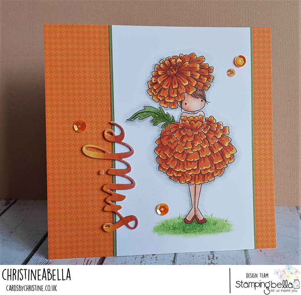 www.stampingbella.com: rubber stamps used TINY TOWNIE GARDEN GIRL MARIGOLD and SMILE CUT IT OUT SENTIMENT. Card by Christine Levison
