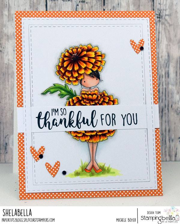 www.stampingbella.com: rubber stamps used TINY TOWNIE GARDEN GIRL MARIGOLD  . Card by Michele Boyer