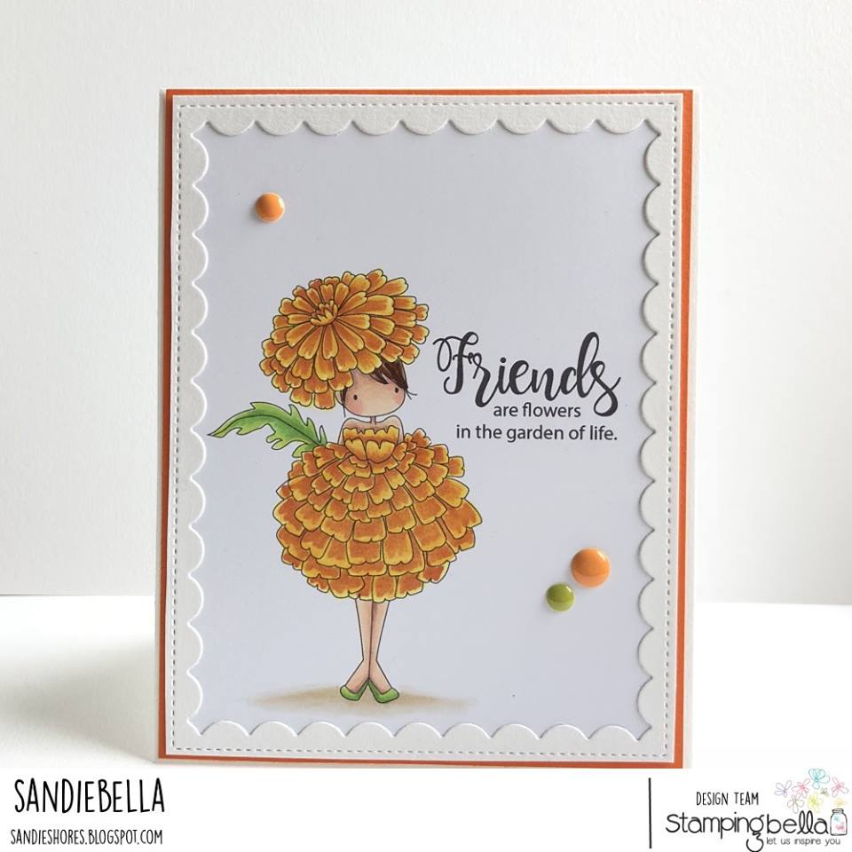 www.stampingbella.com: rubber stamps used TINY TOWNIE GARDEN GIRL MARIGOLD  . Card by Sandie Dunne