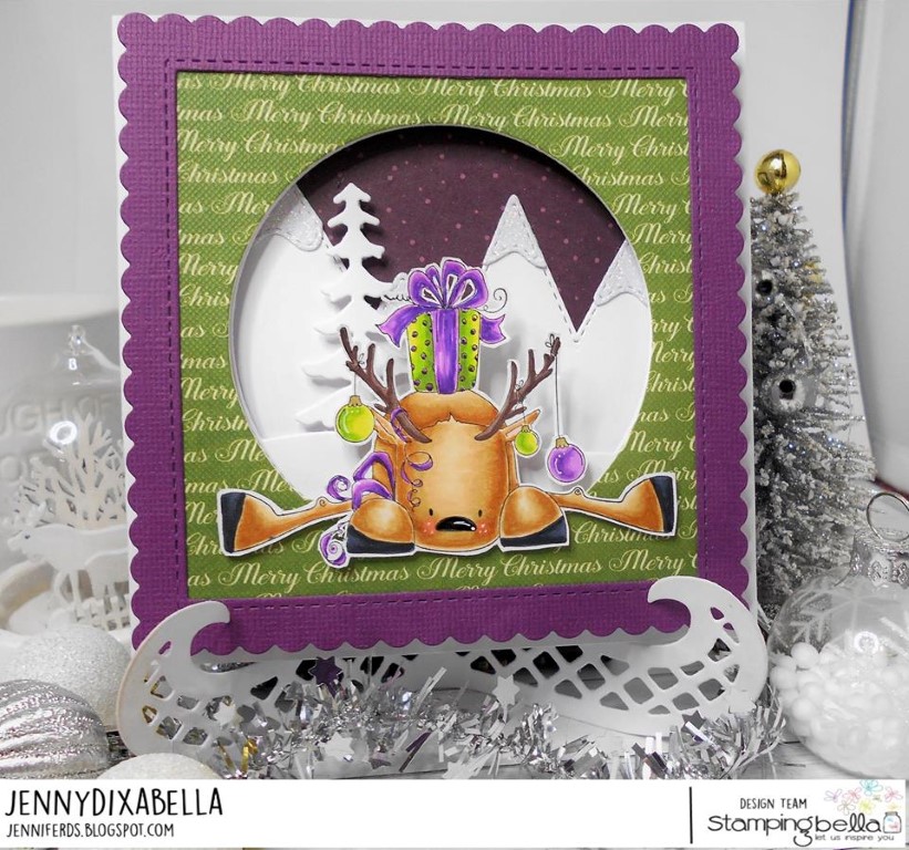 www.stampingbella.com: rubber stamp used: RUDOLPH with  a present on top card by Jenny Dix