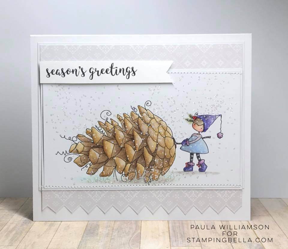 www.stampingbella.com: rubber stamp used: TEENY TINY TOWNIEWITH A PINE CONE. Card by Paula Williamson