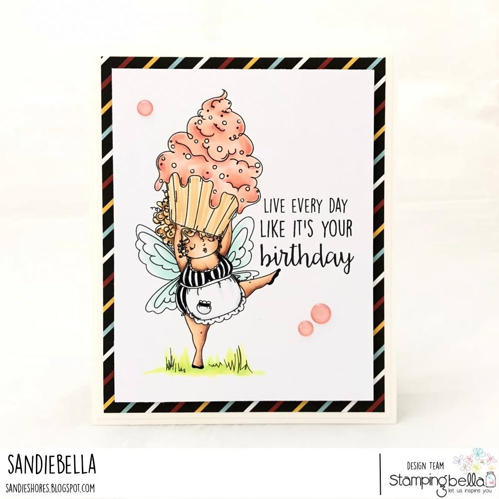 www.stampingbella.com: rubber stamp used: EDNA WITH A CUPCAKE, card by SANDIE BOONE