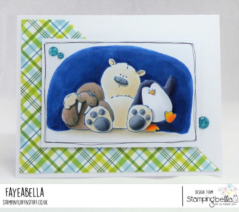www.stampingbella.com: rubber stamp used: The Walrus, the Polar bear and the PENGUIN. Card by Faye Wynn Jones