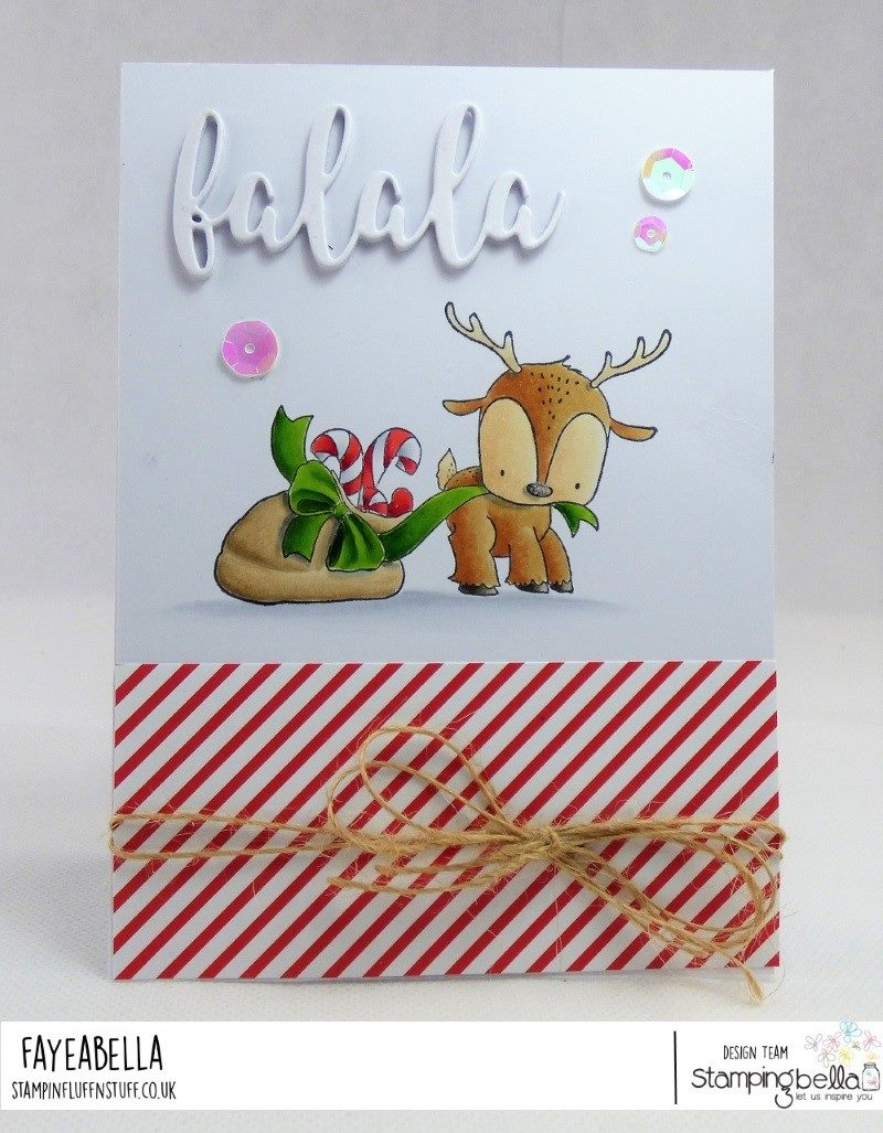 www.stampingbella.com.  RUBBER STAMP USED:  Reindeer with gift  Card by FAYE WYNN JONES