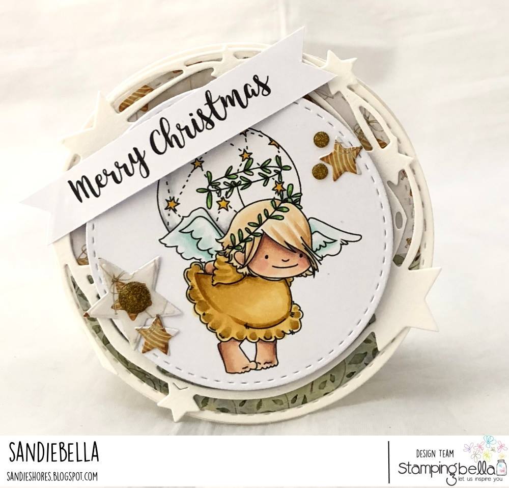 www.stampingbella.com:  rubber stamp used: angel squidgies bell and ornament set .  Card by Sandie Dunne