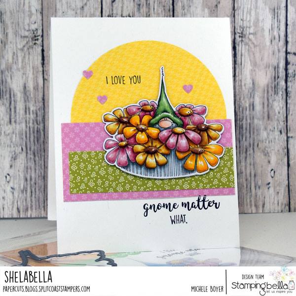 www.stampingbella.com: Rubber stamp used: GNOME BOUQUET.  Card by Michele Boyer
