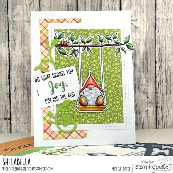 www.stampingbella.com: rubber stamp used GNOME ON A SWING  Card by Michele Boyer
