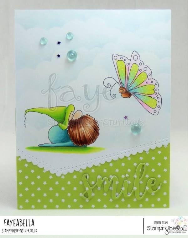www.stampingbella.com: rubber stamp used the GNOME AND THE BUTTERFLY. CARD by FAYE WYNN JONES