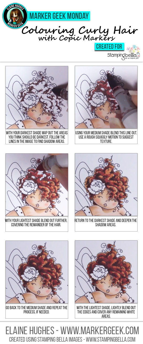 Marker Geek Monday Copic Colouring Easy Curly Hair with Stamping Bella. Click through to read the post and watch a video!