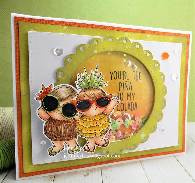 wonderful wednesday feature for Stamping Bella- Rubber stamp used TROPICAL SQUIDGIES, Shaker Card by JENNY DIX