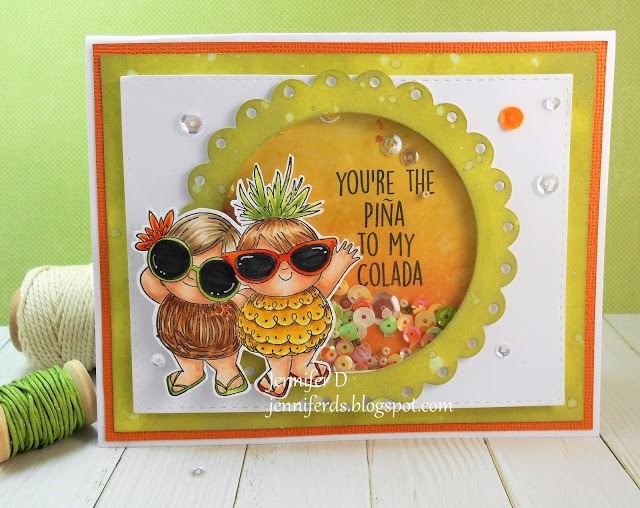 wonderful wednesday feature for Stamping Bella- Rubber stamp used TROPICAL SQUIDGIES, Shaker Card by JENNY DIX