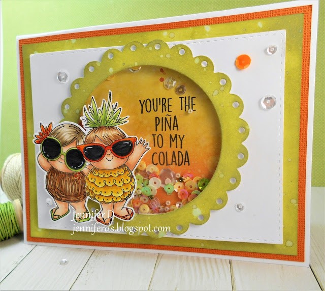 wonderful wednesday feature for Stamping Bella- Rubber stamp used TROPICAL SQUIDGIES, Shaker Card by JENNY DIX