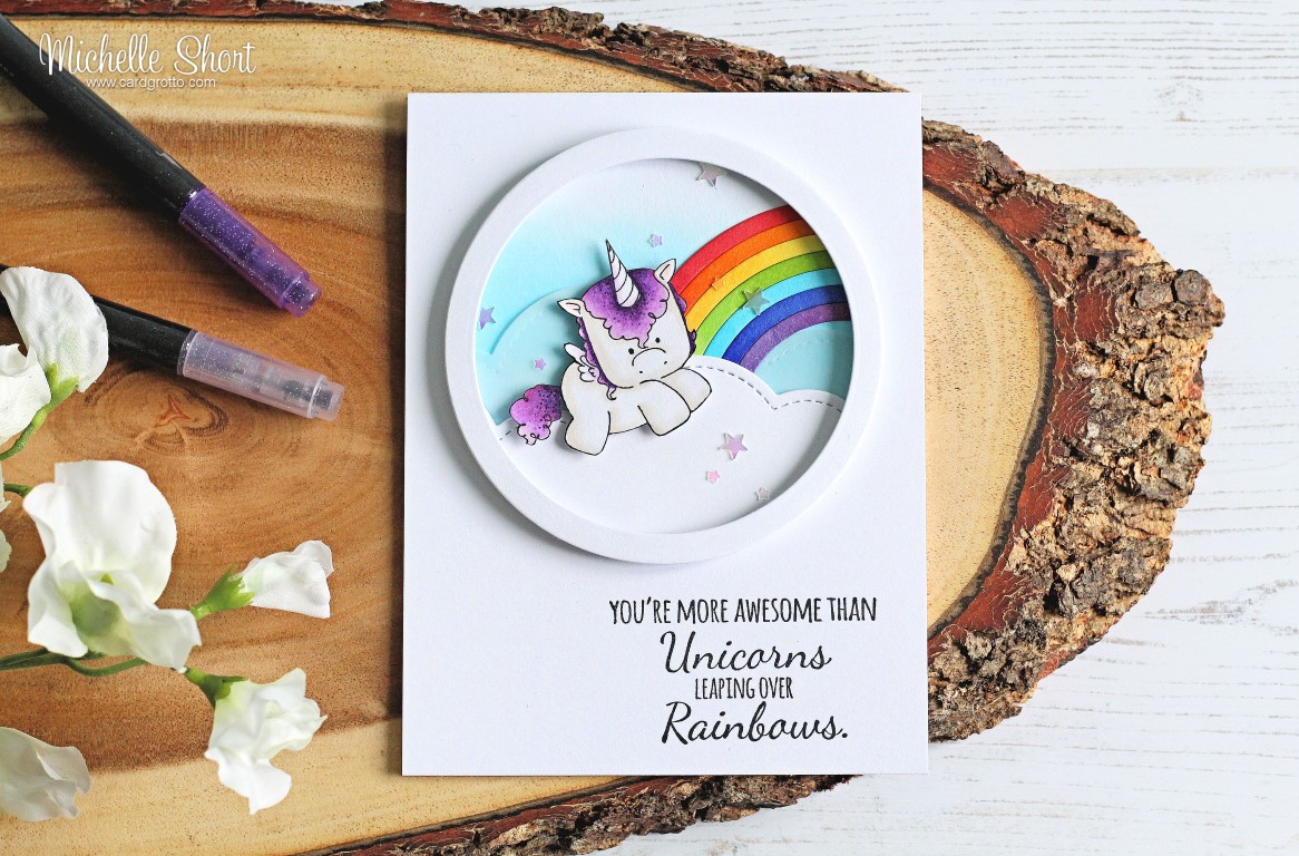 Wonderful Wednesdays with STAMPING BELLA-  Rubber stamps used: Unicorn set and Unicorn sentiment set Card by Michelle Short