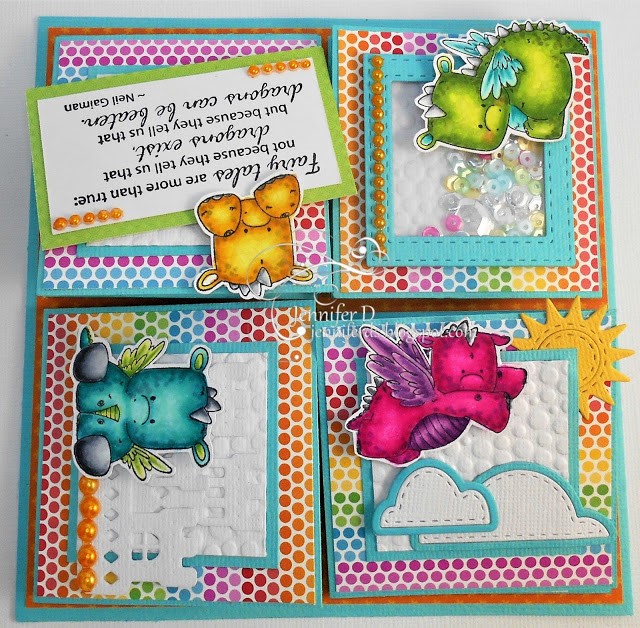 Wonderful Wednesdays with STAMPING BELLA- -QUAD EASEL card using our SET OF DRAGONS rubber stamps, Dragon Sentiments and Unicorn Sentiments.. card by Jenny Dix