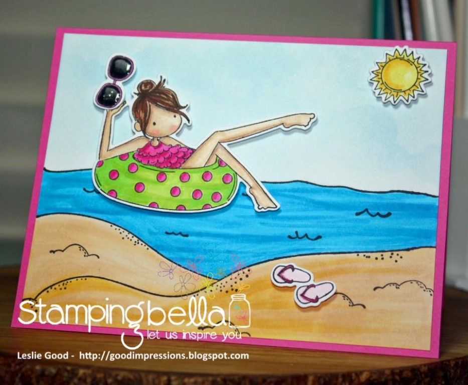 bellarific friday with Stamping Bella AUG 18 2017- rubber stamp used: tiny townie FRANCES loves to FLOAT and BEACH BACKDROP, card by LESLIE GOOD