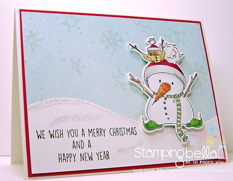 Bellarific Friday with STAMPING BELLA SEPT 15th 2017- RUBBER STAMP USED SNOWMAN with a CHICK ON TOP card by LESLIE GOOD